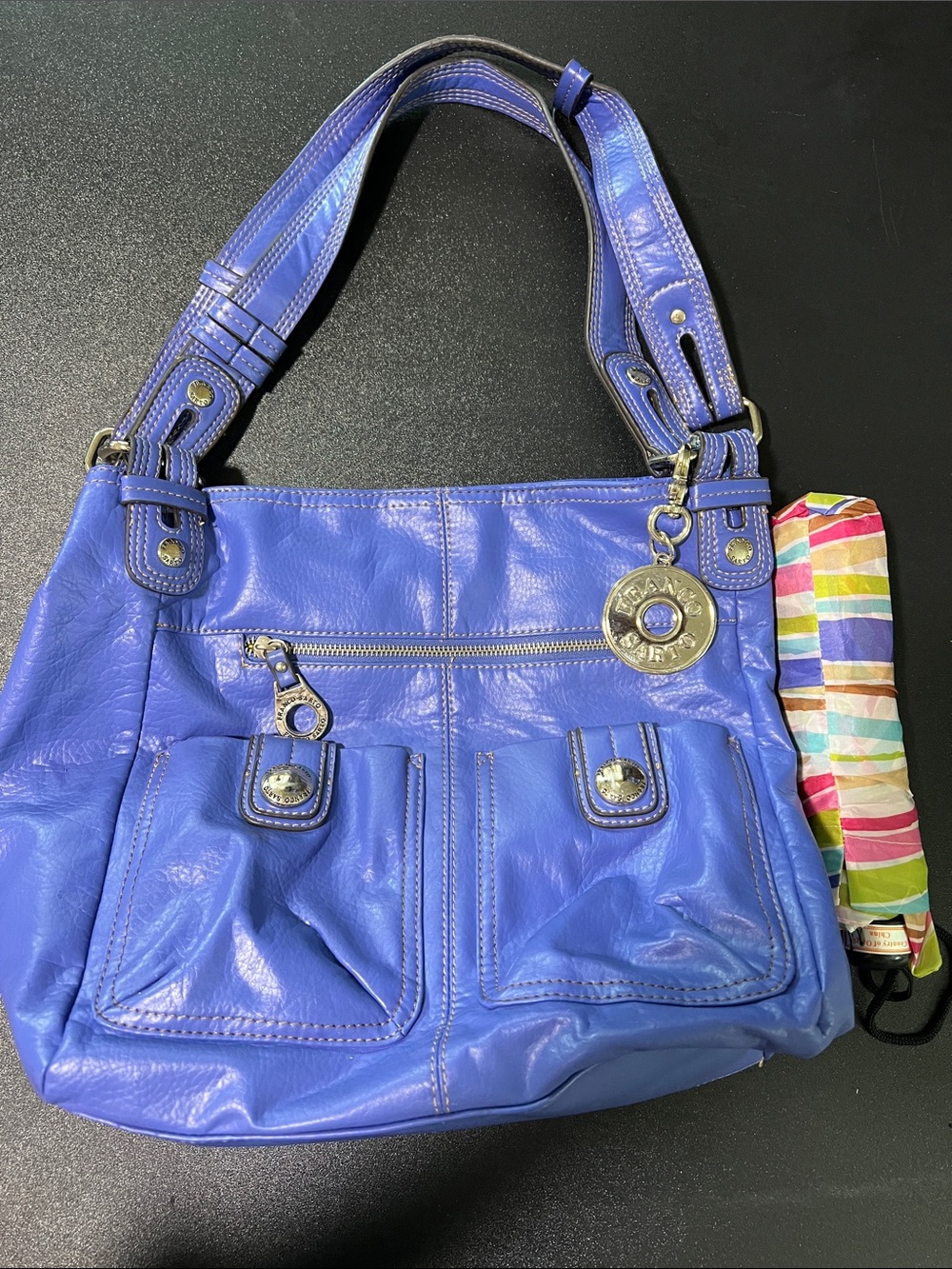 Franco Sarto  Blue Shoulder Bag w/ Front Pockets, Matching Umbrella & Lining